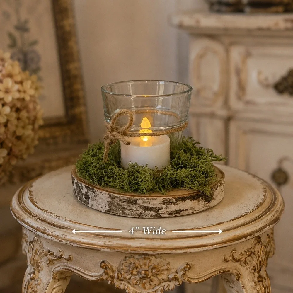 Handmade Rustic Birch Wood Moss Candle Holder LED Tea Light 4.5in Woodland Decor